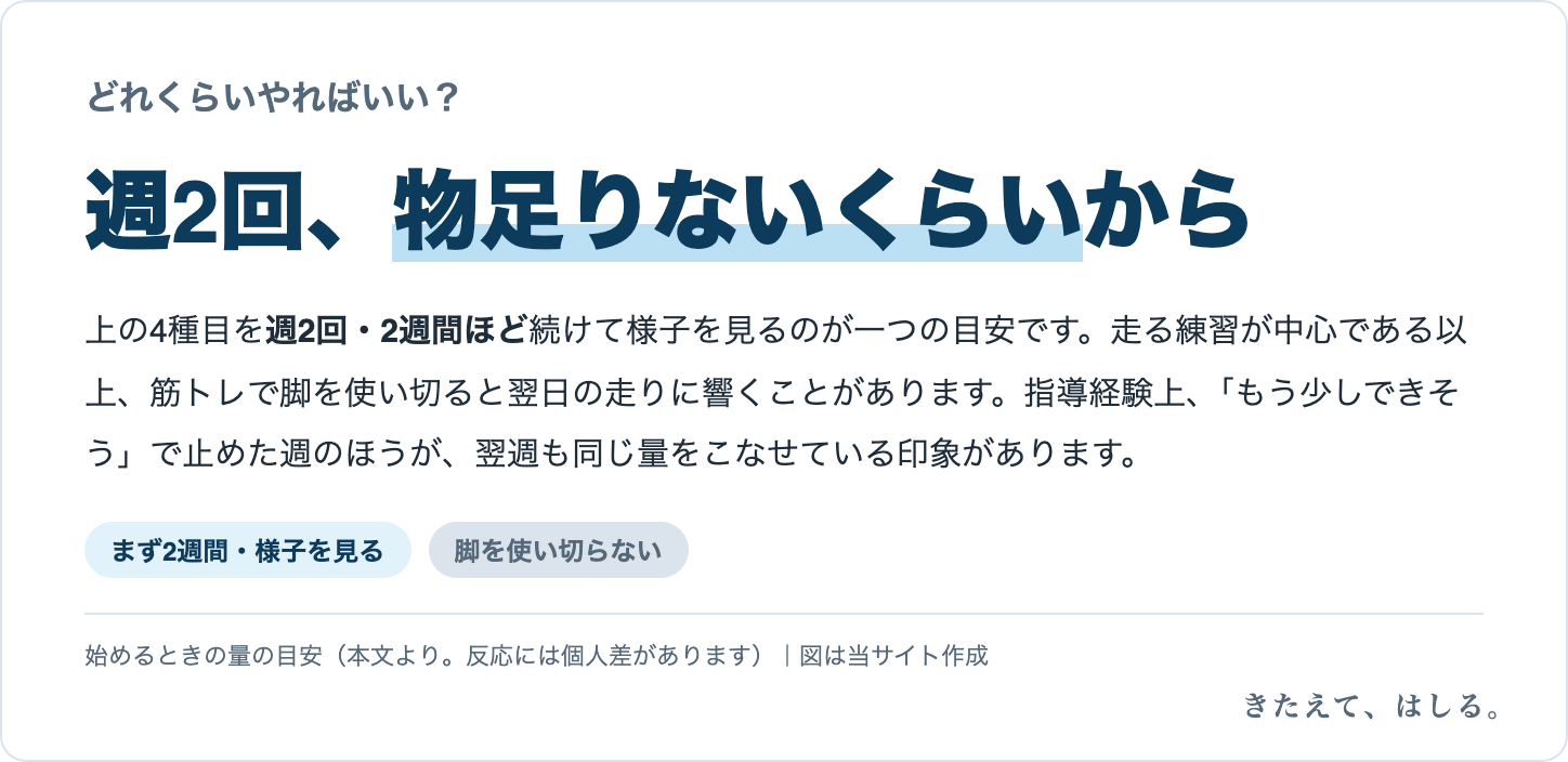 量の目安の図。4種目を週2回、2週間ほど続けて様子を見るのが一つの目安。初心者のうちは、もう少しできそうというところで止めておくほうが翌週も同じ量を続けやすい。